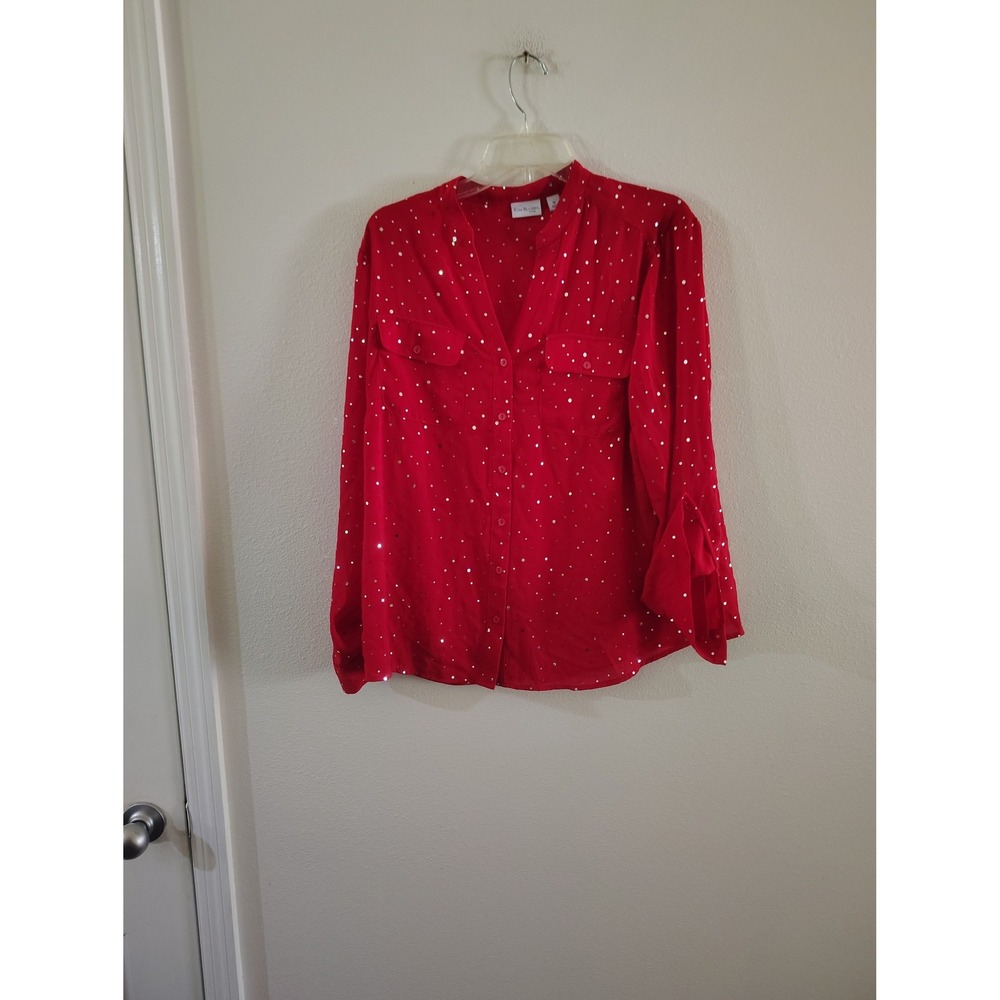 Kim Rogers Curvy Red Metallic Silver Polka Dot Button Down Blouse Top 1X Holiday